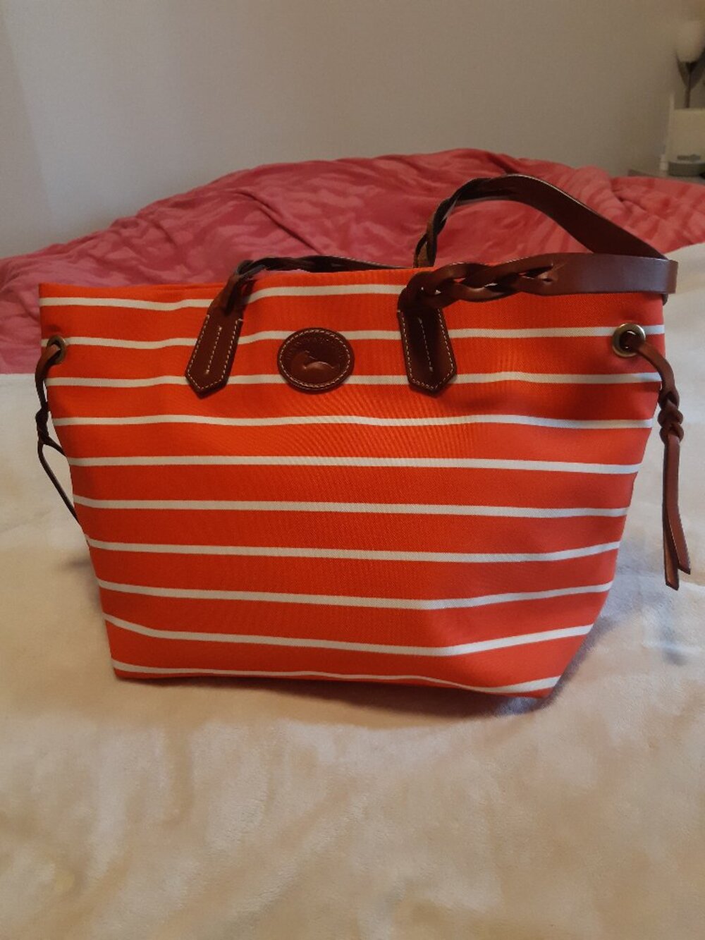 Dooney & Bourke Vintage Orange Striped Canvas Tote Braided Leather Handles